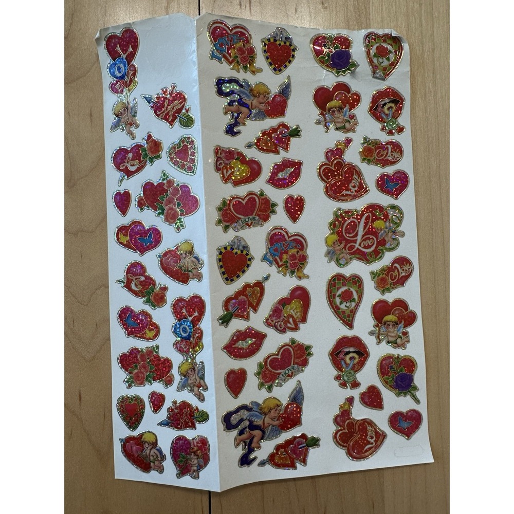 Vintage Hallmark Sticker Sheet Pink Cupid Lips Glitter Valentine Hearts Rare